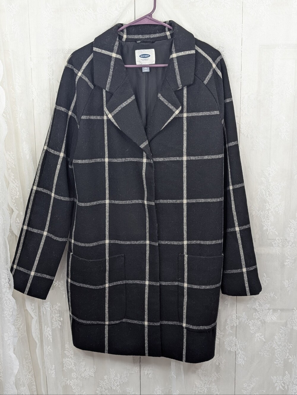 Old Navy: Women's Black/White Plaid Wool Coat - Size Large Tall